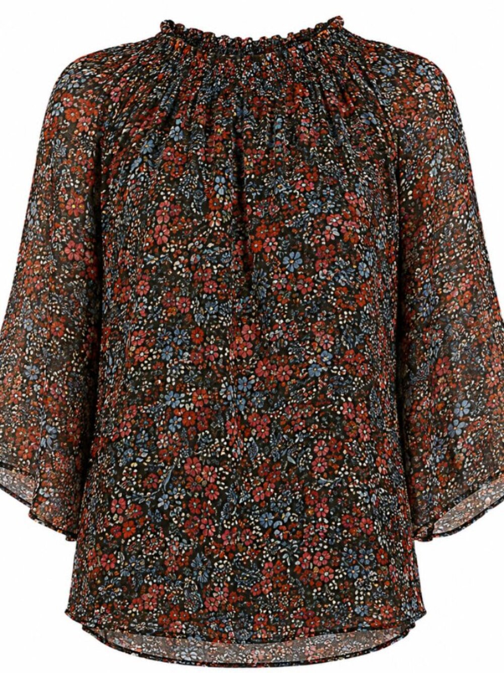 Libby Edelman Women’s Blouse Size L Black Floral Semi Sheer Bell 1/2 Sleeve Top